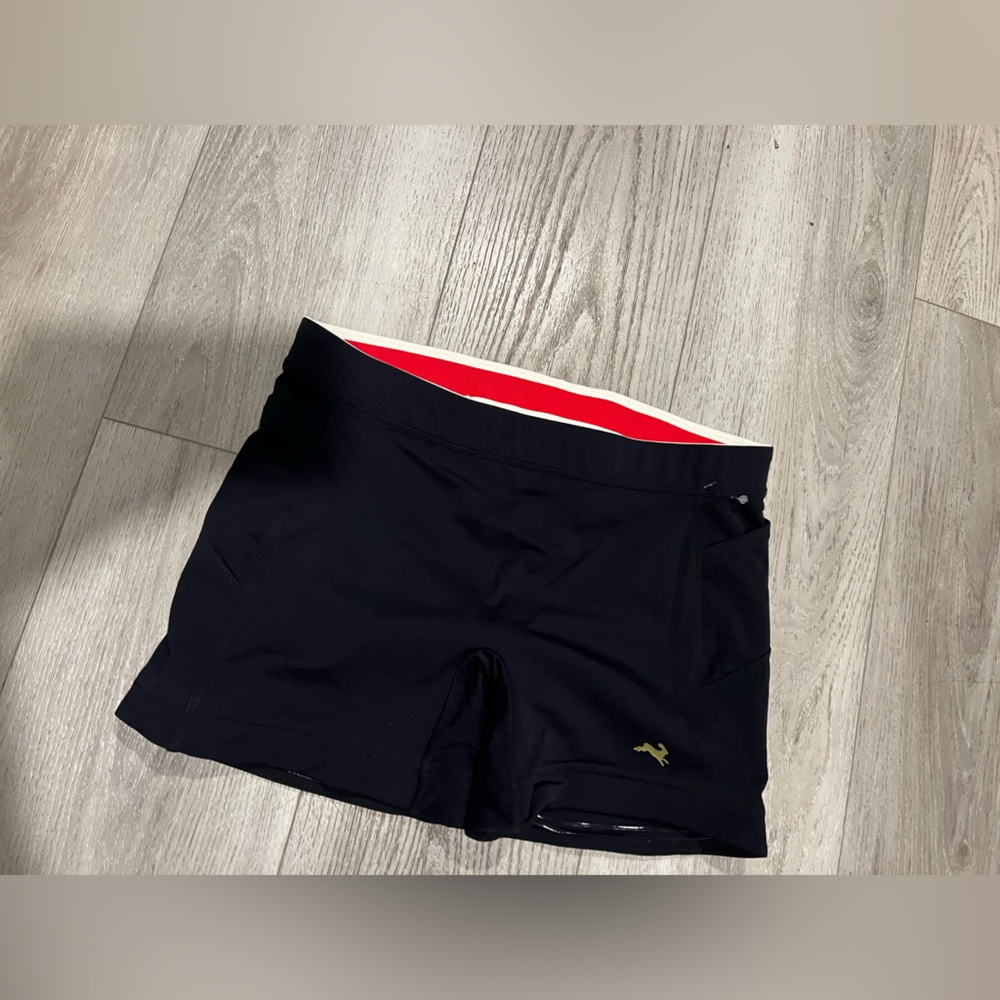Tracksmith Navy Athletic Shorts with Red & White Side Trim